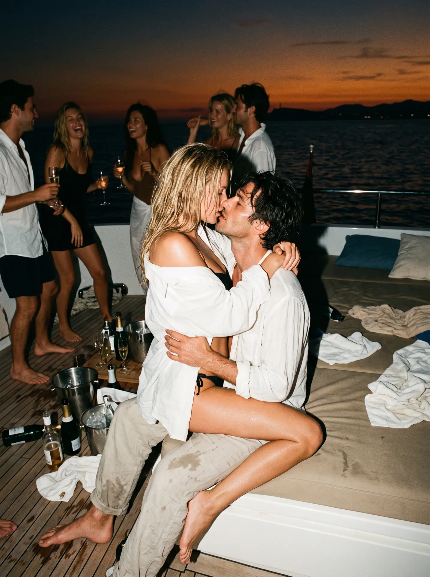 A couple on a yacht deck at sunset