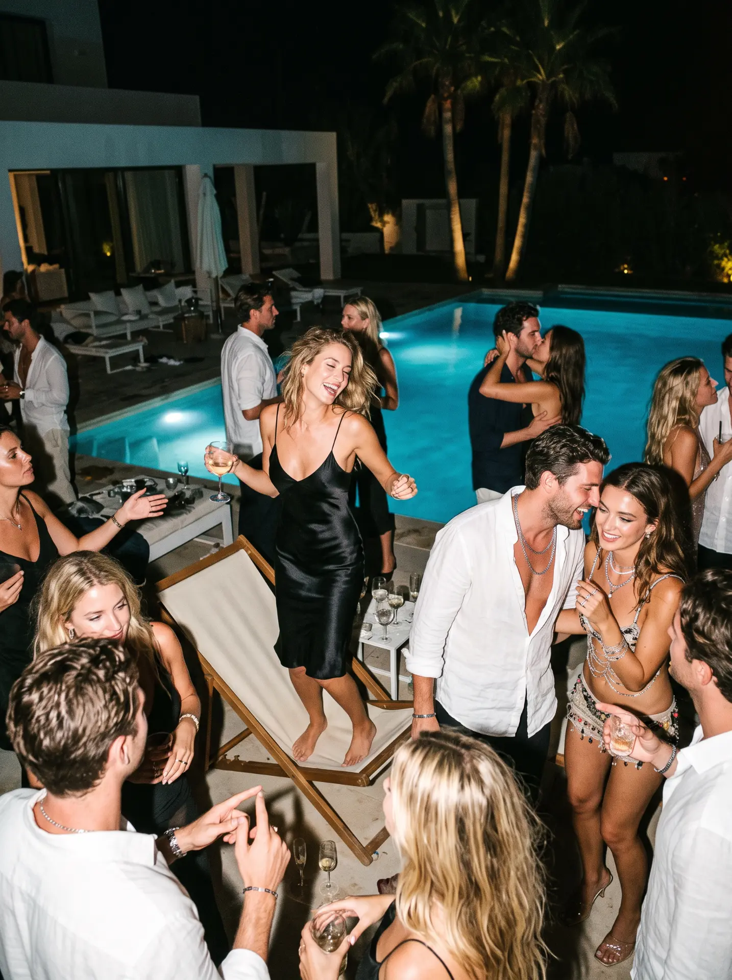 A villa pool party at night
